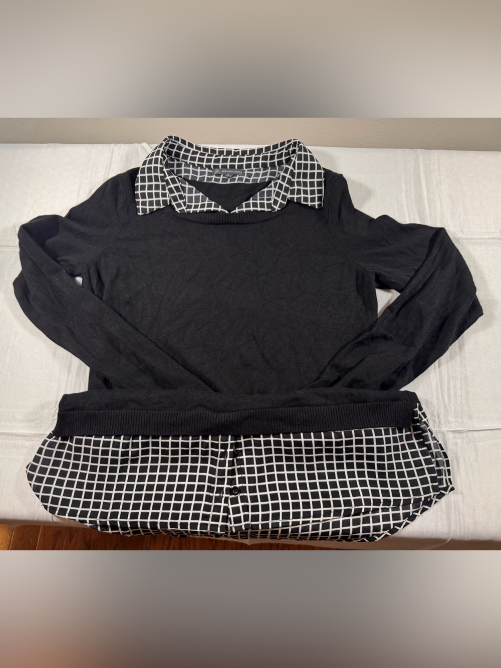 Adrianna Papell Black Sweater with White Grid Trim